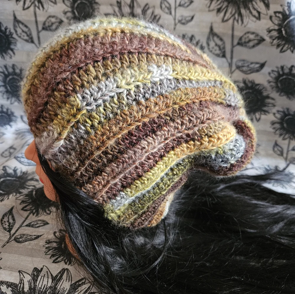 Crochet Wool Mix Slouchy Green Brown Beanie Hat - Picture 6 of 12